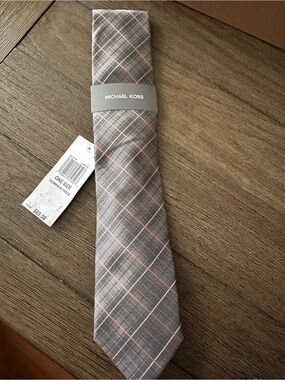 Thompson Gray Plaid Tie with Pink Stripes